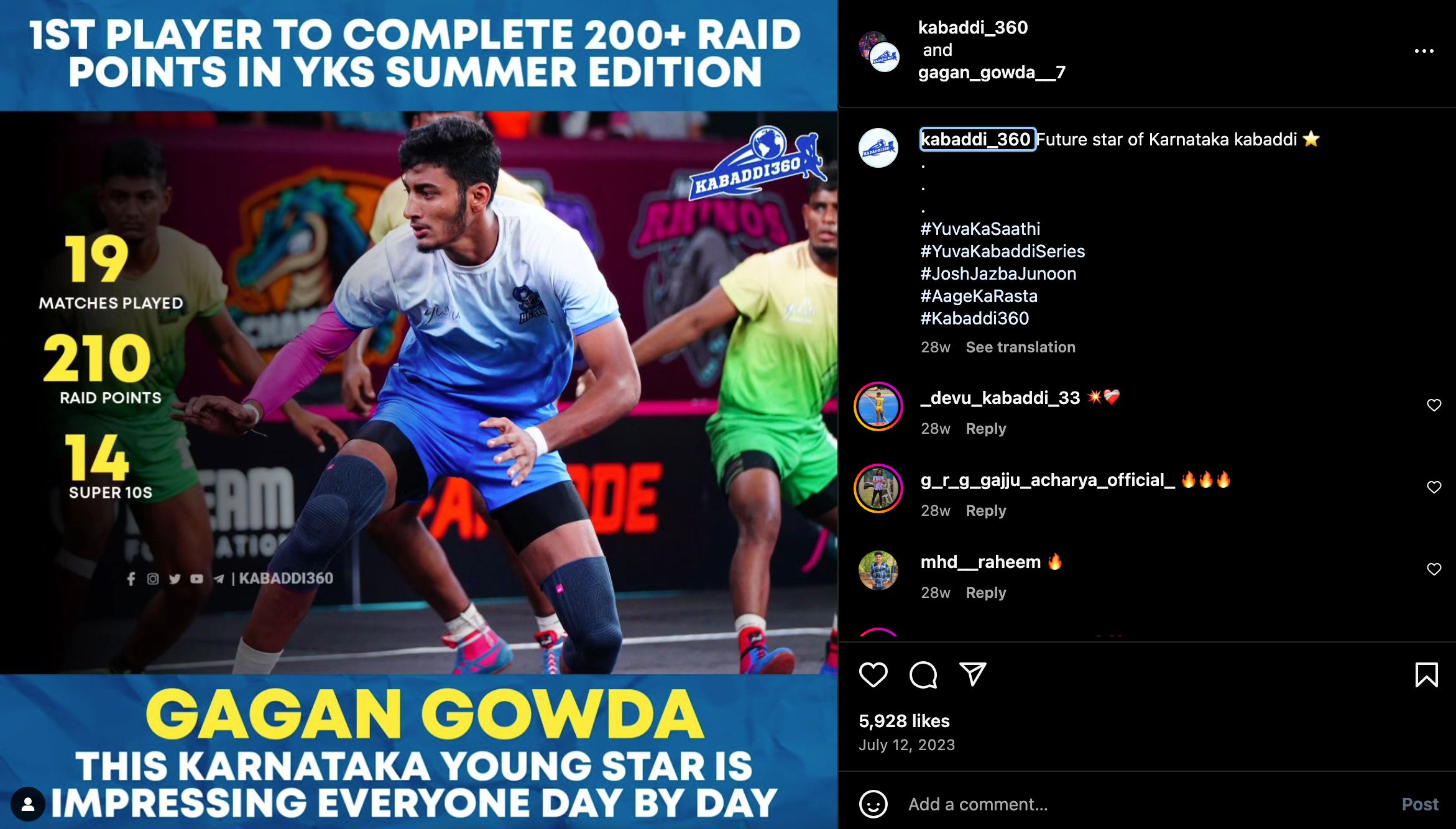 Kabaddi 360's Instagram post dedicated to Gagan Gowda's score of 200 raid point in YKS 2023