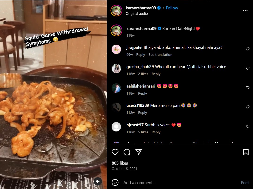 Karan Sharma's Instagram post about his non-vegetarian meal