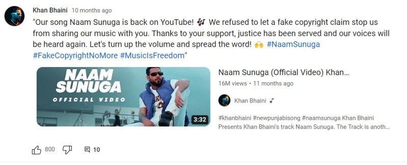 Khan Bhaini's YouTube Community post about copyright strike on his song Naam Sunuga