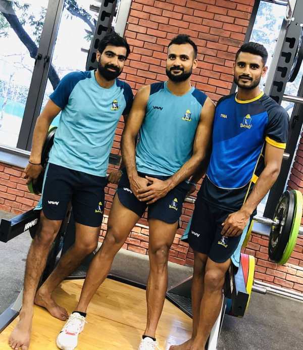 Mohammed Kaif with Akash Deep and Suraj Sindhu Jaiswal (left to right) during a gym session