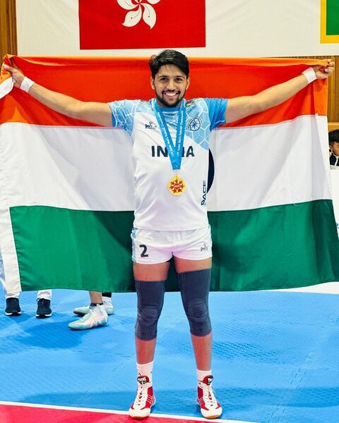 Nitesh Kumar after winning the gold medal in the 2023 Asian Kabaddi Championship in South Korea