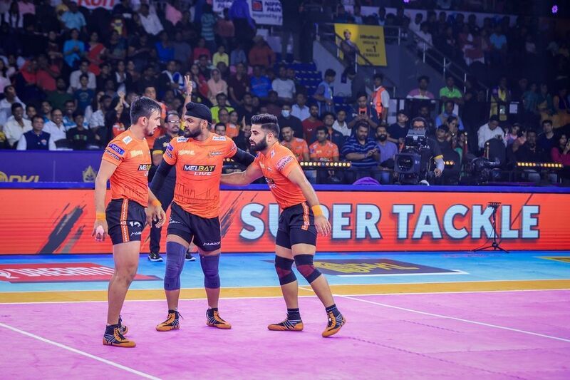 Rinku Sharma (extreme left) during a match in season 10 of the Pro Kabaddi League in 2023