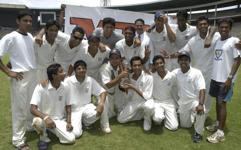 Rohit Sharma (sitting third from right) with his teammates after National Cricket Academy won the MRF Trophy in 2005 in Bangalore