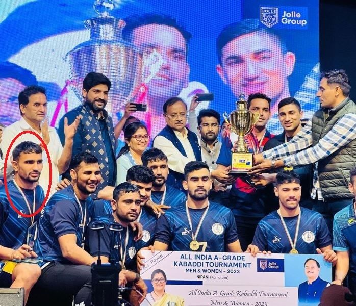 Sachin Narwal with his team after winning All India A-Grade Kabaddi Tournament 2023