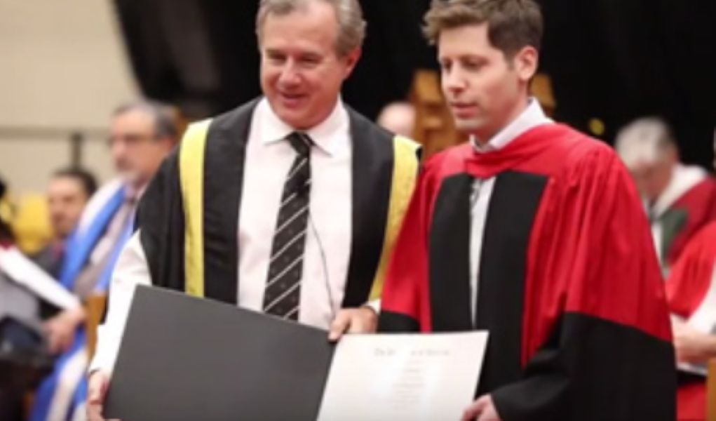 Sam Altman (right) receiving an honourary doctorate from the University of Waterloo in Ontario, Canada