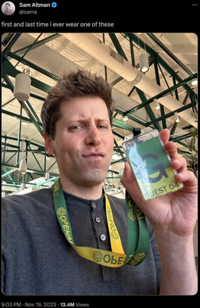 Sam Altman's tweet of him wearing a guest id in the OpenAI office after being fired