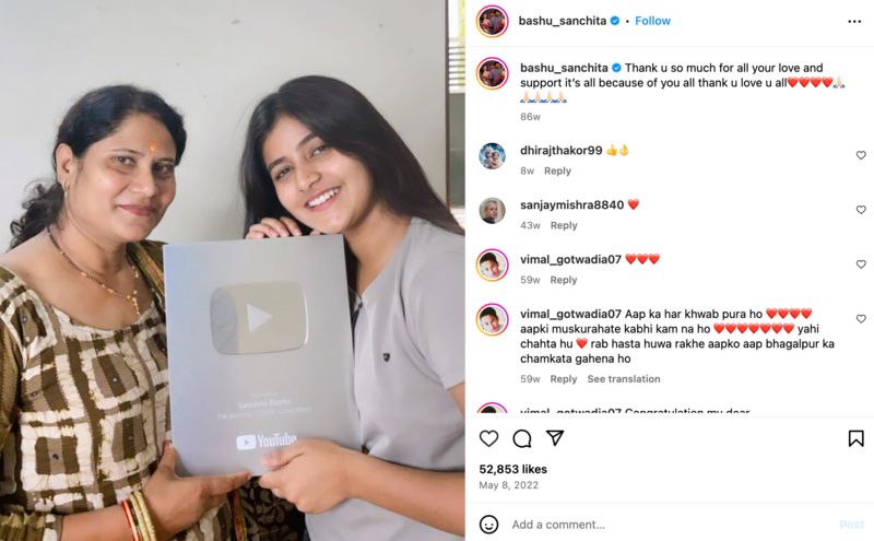 Sanchita's post on her Instagram account about receiving the Silver play button from YouTube