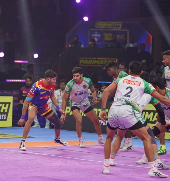 Shivam Choudhary (extreme left) during a match in season 10 of the Pro Kabaddi League in 2023