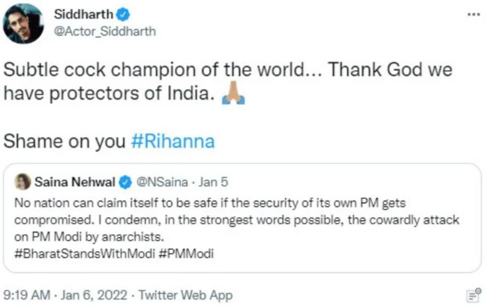Siddharth's tweet to Saina Nehwal on PM Modi's security breach in Punjab