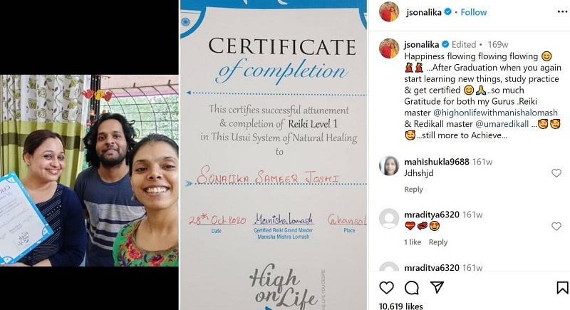 Sonalika Joshi's Instagram post about her reiki course