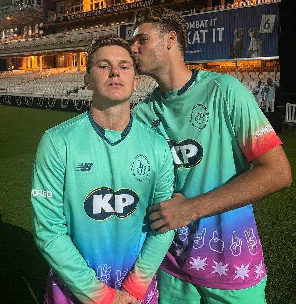 Spencer Johnson and Adam Zampa (left) after playing a match for Oval Invincibles