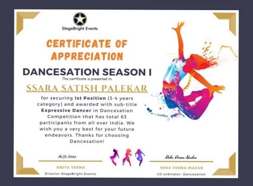 Ssara Palekar's certificate of Dancesation Season 1