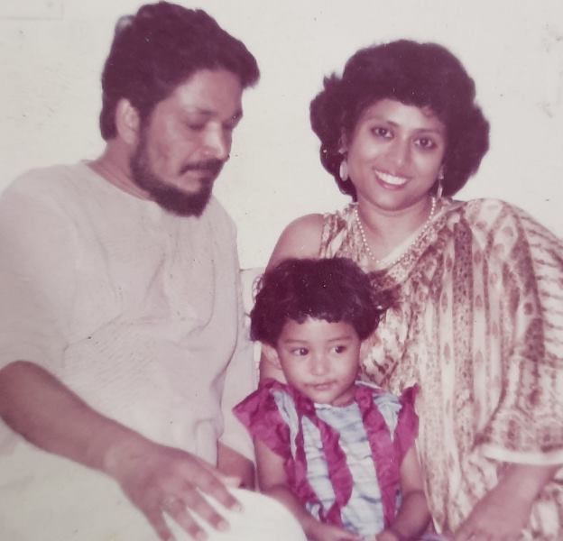 A childhood image of Priyamvada Kant with her parents