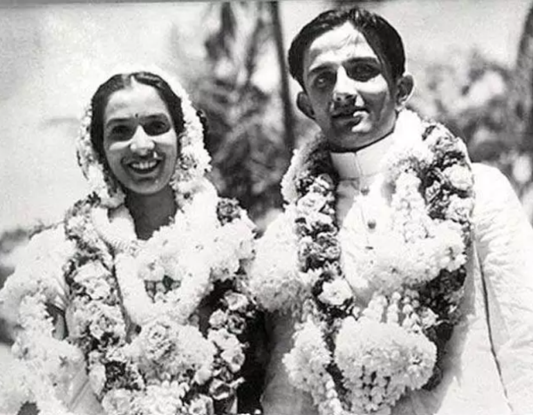 A wedding picture of Mrinalini Sarabhai and Vikram Sarabhai