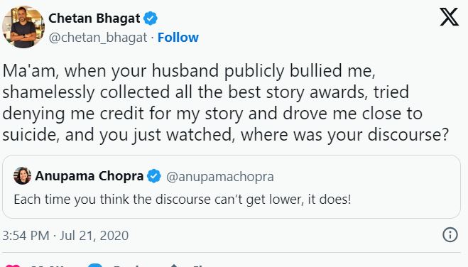 Chetan Bhagat's tweet on Vidhu Vinod Chopra