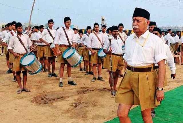 Mohan Bhagwat inspecting a parade organised by the RSS