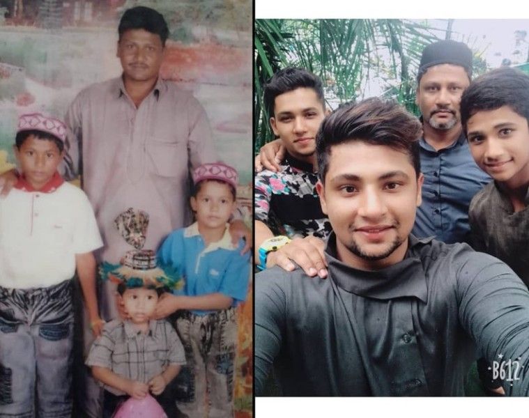 Musheer Khan when he was a child and after growing up (holding balloon in left photo and extreme right in right photo)