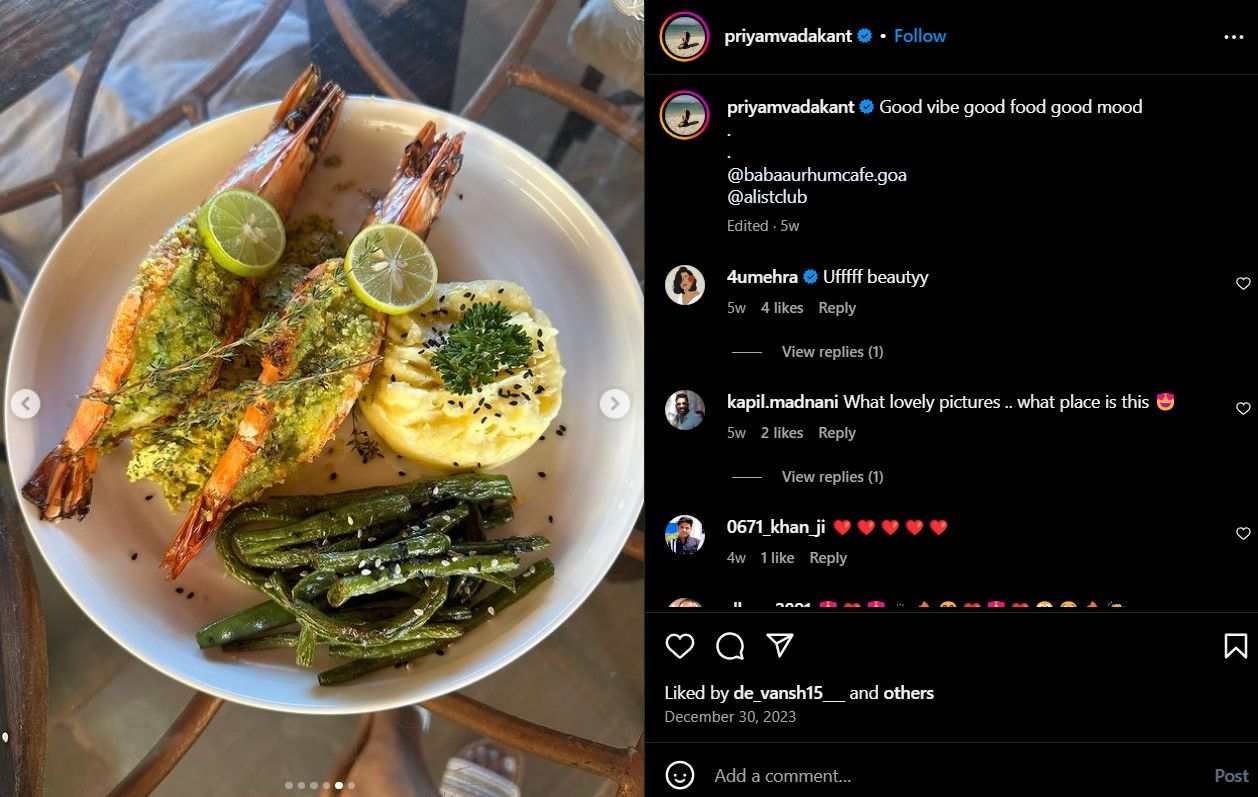 Priyamvada Kant's Instagram post about her non-vegetarian meal