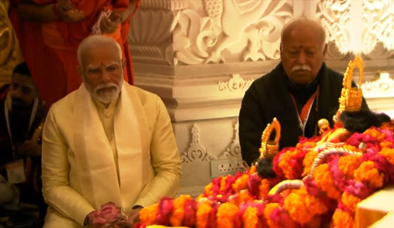 RSS Chief Mohan Bhagwat sitting with Prime Minister Narendra Modi in the garbha griha during the opening ceremony of the Ram Mandir