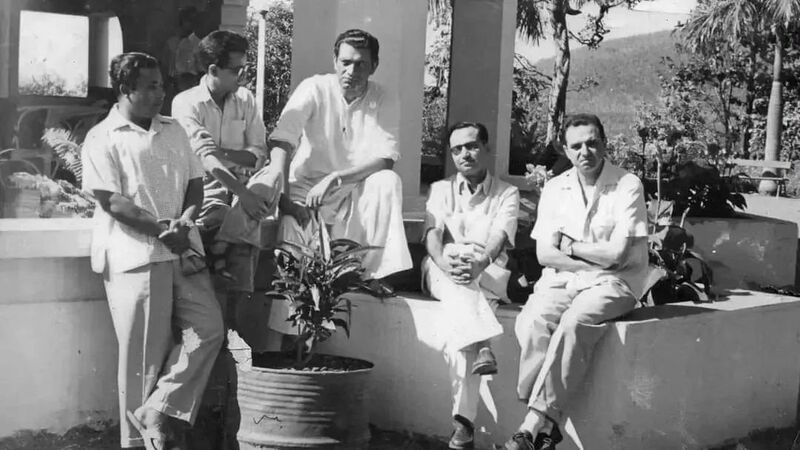 Satyajit Ray (third from left) during the shoot of the documentary titled 'The Story of Tata Steel' (1961)