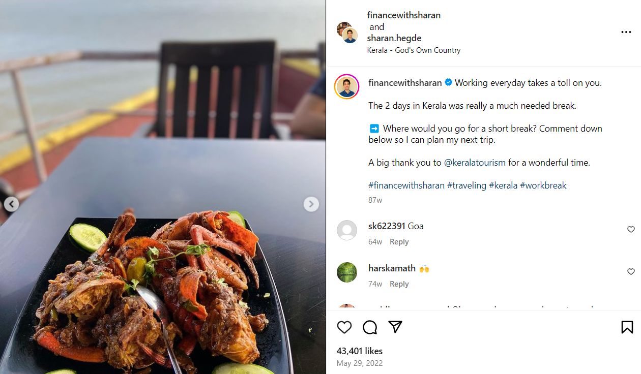Sharan Hegde's Instagram post about his eating habits
