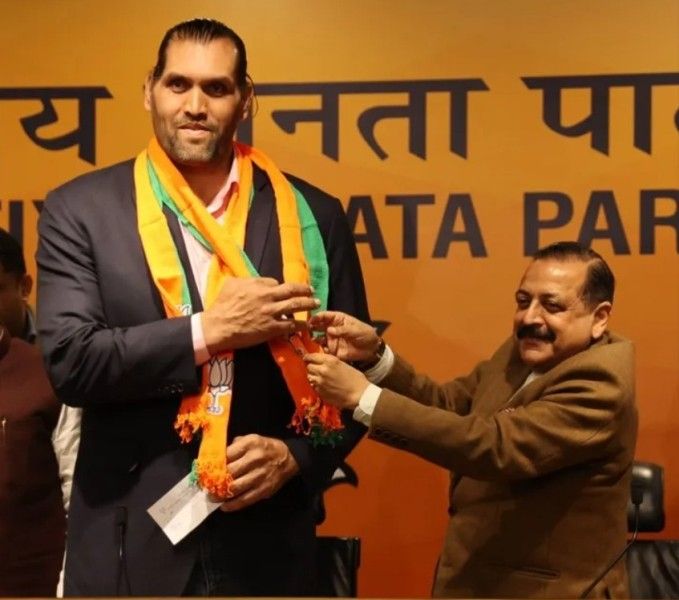The Great Khali with Jitendra Singh after joining the Bharatiya Janata Party (BJP)
