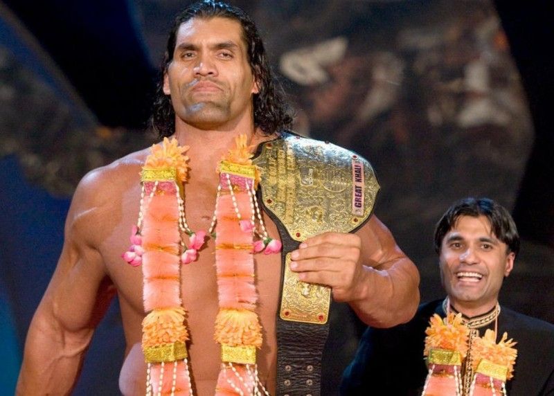 The Great Khali with his manager Ranjin Singh after winning the World Heavyweight Championship title