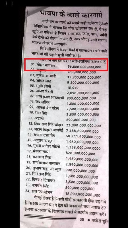 The list in which Mohan Bhagwat's name was printed on the top with the black money he allegedly amassed